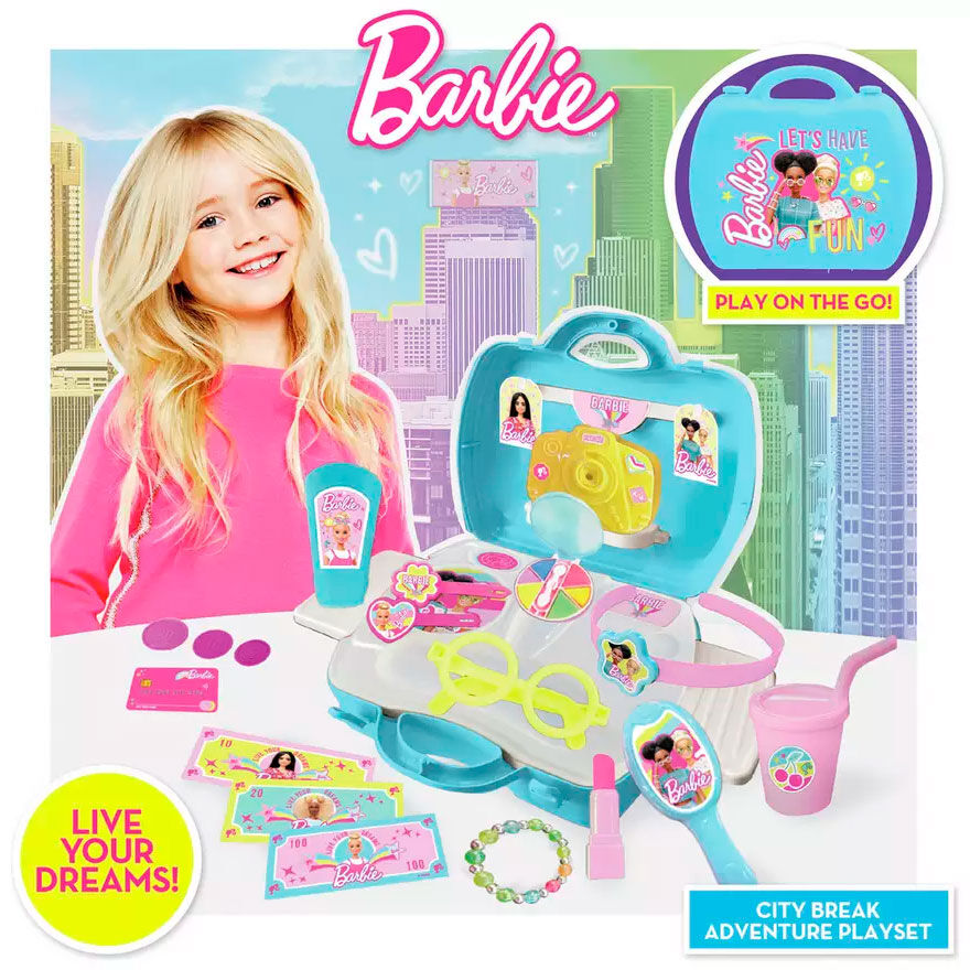 Boîte d'accessoires Barbie Creageek Multivers ouverte montrant les 20 pièces colorées et variées pour personnaliser les poupées.