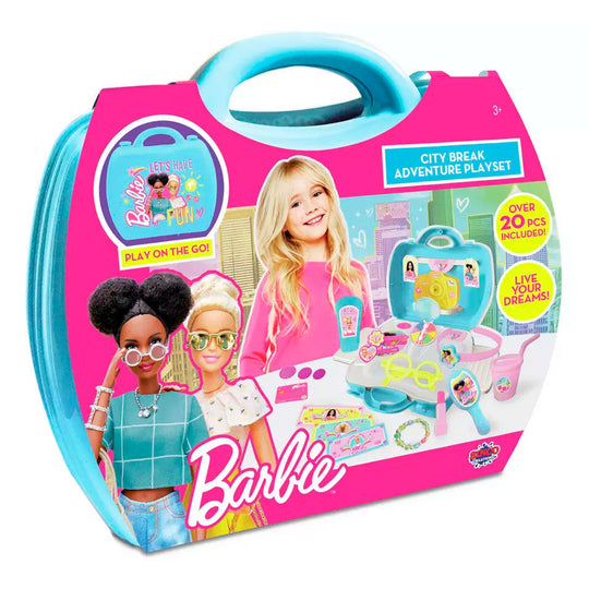 Boîte fermée de la collection Creageek Multivers pour Barbie, affichant un design compact de 33 cm, prête à être transportée.