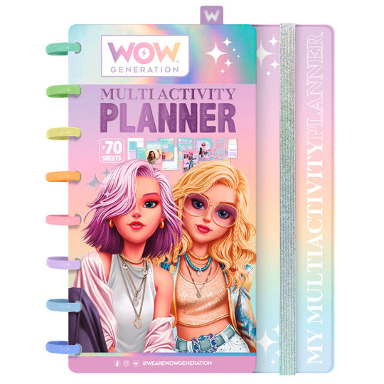 Vue de face du planner multi-activités Wow Generation avec couverture colorée et dimensions 18x22x2,8 cm