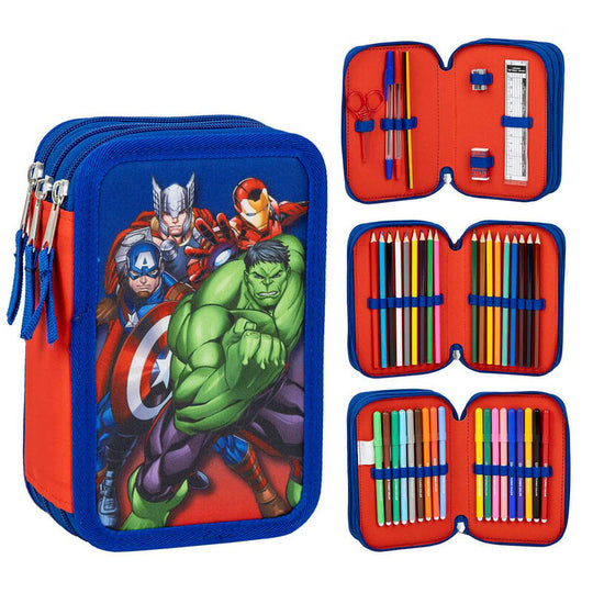 Vue de face de la trousse triple Marvel Avengers CERDÁ avec illustrations colorées des héros
