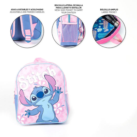 Présentation du sac à dos Disney Stitch 29cm posé sur une surface blanche, visible sous plusieurs angles