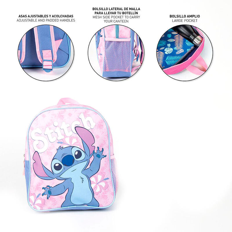 Présentation du sac à dos Disney Stitch 29cm posé sur une surface blanche, visible sous plusieurs angles