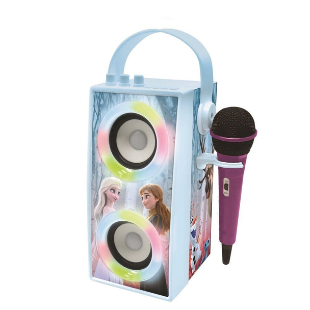 Enceinte Bluetooth portable LEXIBOOK Frozen avec microphone sur fond blanc, vue avant détaillée du design