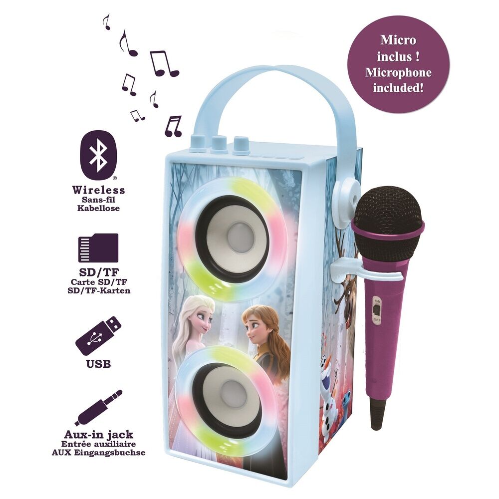 Microphone inclus avec l'enceinte karaoké LEXIBOOK Frozen posé à côté, prêt à l'emploi