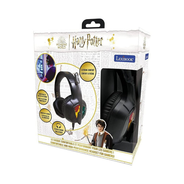 Vue rapprochée du microphone flexible et des commandes volume et micro intégrées sur le câble du casque gaming Harry Potter LEXIBOOK