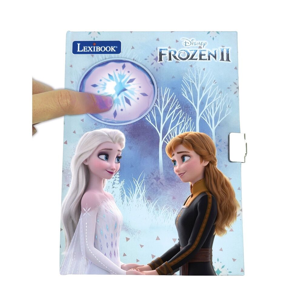 Vue du journal électronique secret Disney Frozen fermé avec couverture bleue et motifs enneigés
