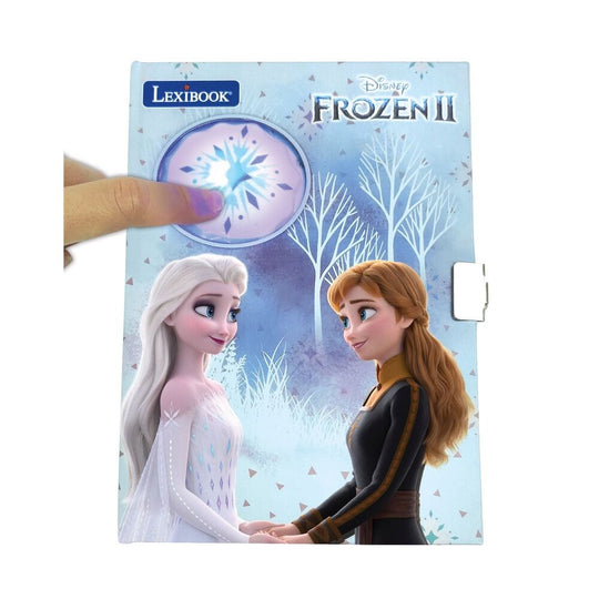 Vue du journal électronique secret Disney Frozen fermé avec couverture bleue et motifs enneigés