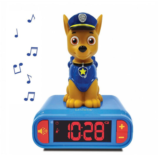 Vue de face du réveil Paw Patrol avec personnage coloré et fonction veilleuse activée