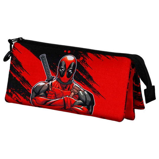 Trousse Deadpool ouverte révélant les deux poches extérieures et la poche intérieure zippée