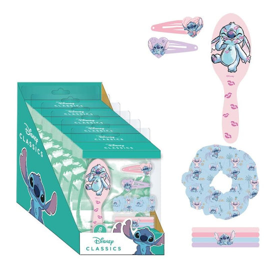 Vue d'ensemble du set beauté Disney Stitch CERDÁ avec accessoires colorés pour enfants