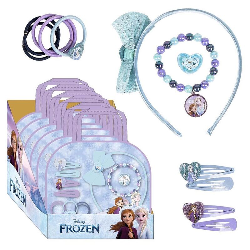 Vue d'ensemble du set de beauté Disney Frozen CERDÁ avec accessoires colorés et thème Reine des Neiges