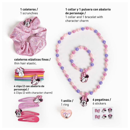 Détail des accessoires inclus dans le set de beauté Minnie pour enfants