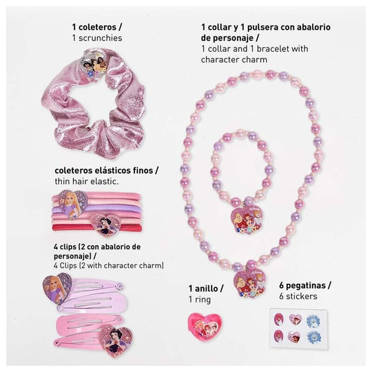 Coffret Disney Princess CERDÁ avec accessoires de beauté pour enfants sur fond blanc