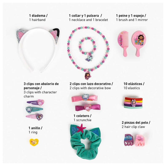 Présentation ouverte du set beauté Gabbys Doll House montrant les différents produits de maquillage pour enfants