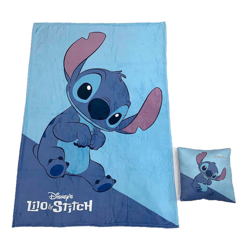 Coussin assorti Stitch Disney avec visage souriant du personnage sur fond bleu