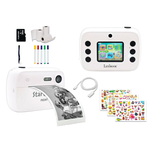Appareil photo enfant LEXIBOOK avec imprimante instantanée noir et blanc en vue frontale