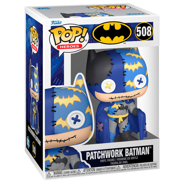 Figurine Funko POP Batman Patchwork DC Comics en vinyle de 9 cm présentée dans sa boîte cadeau.