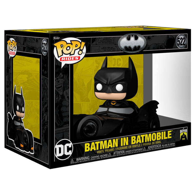 Figurine POP Rides Deluxe de Batman assis dans sa Batmobile noire avec détails précis et couleurs vives