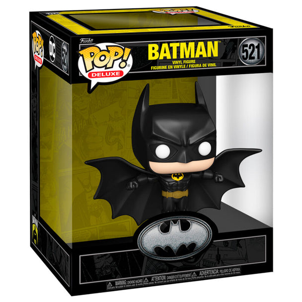 Figurine POP Deluxe Batman FUNKO vue de face avec costume noir et cape détaillée, idéale pour collection DC Comics.