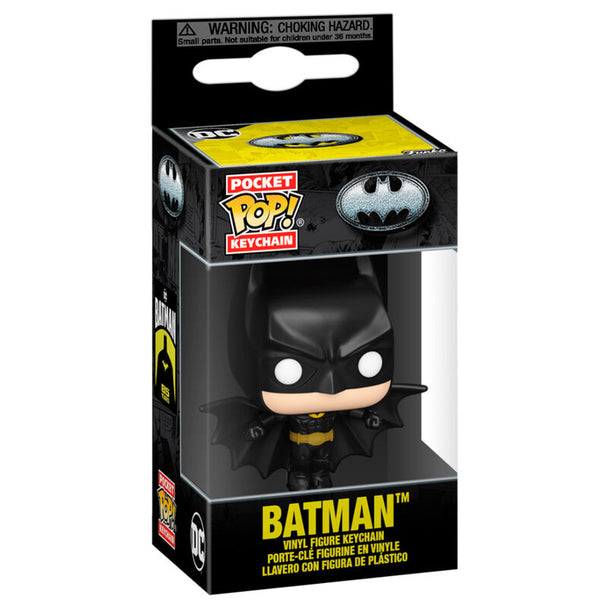 Porte-clés Funko POP Batman DC Comics en vinyle de 9cm présenté dans sa boîte cadeau officielle, parfait pour collectionneurs et fans.