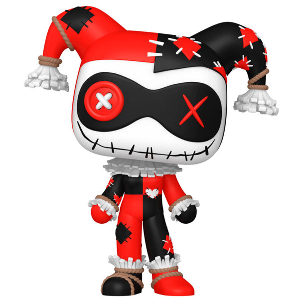 Vue rapprochée de la figurine Funko POP Harley Quinn Patchwork montrant les détails colorés et le design unique