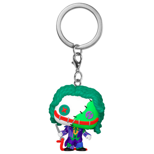 Détail du porte-clés Joker Patchwork FUNKO Pocket POP montrant les couleurs et textures uniques