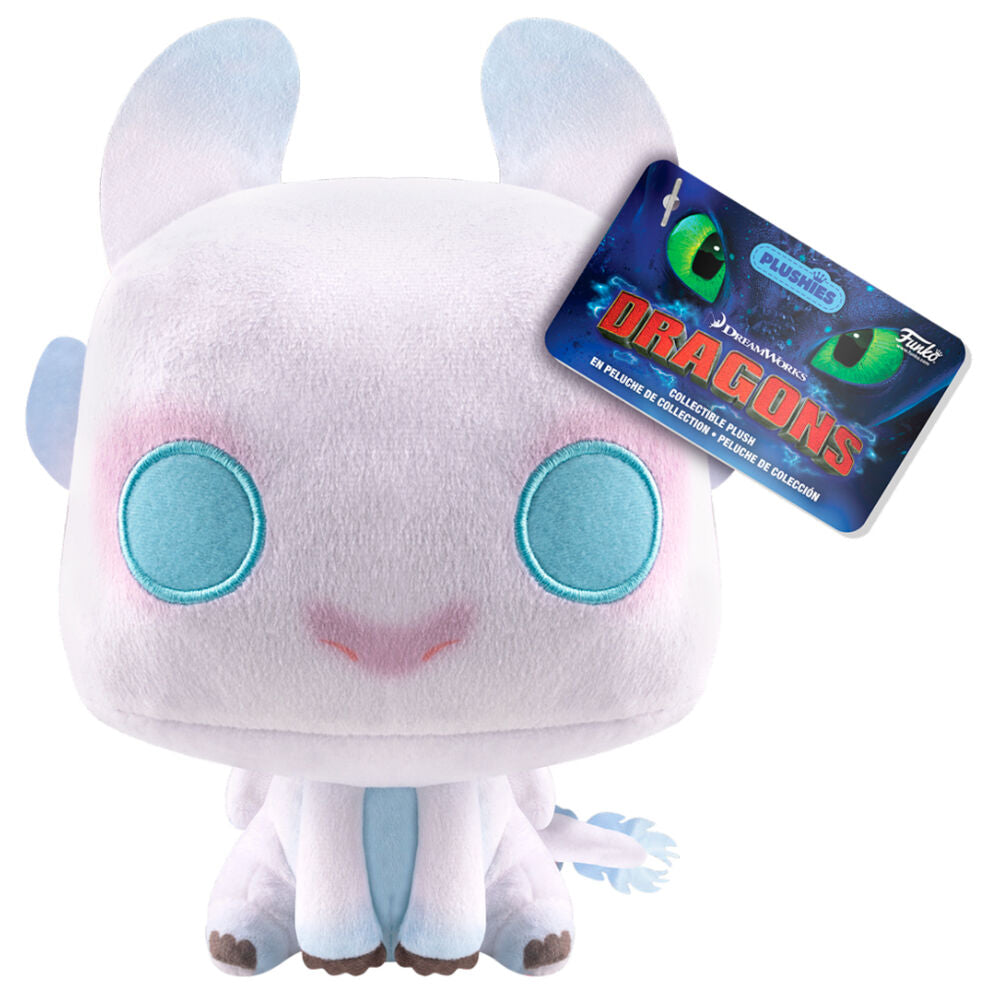 Peluche Light Fury de 17,5 cm inspirée de How to Train Your Dragon 2 par FUNKO, vue de face sur fond blanc.