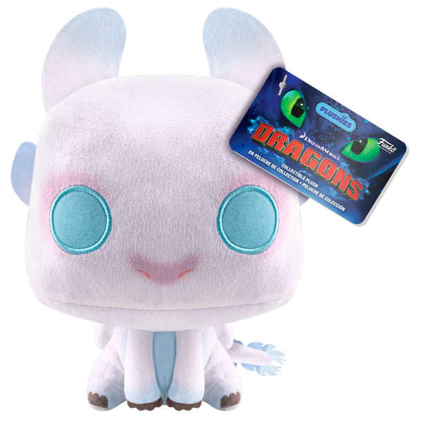 Peluche Light Fury de 17,5 cm inspirée de How to Train Your Dragon 2 par FUNKO, vue de face sur fond blanc.