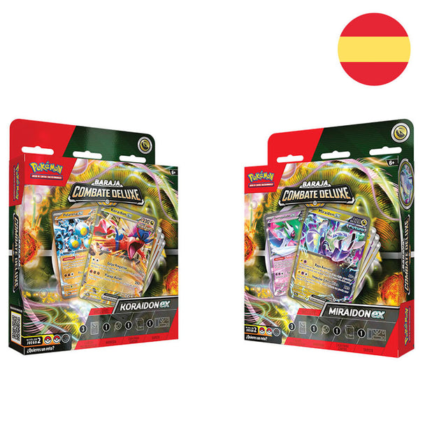 Vue du deck Pokémon Koraidon & Miraidon en espagnol avec cartes étalées