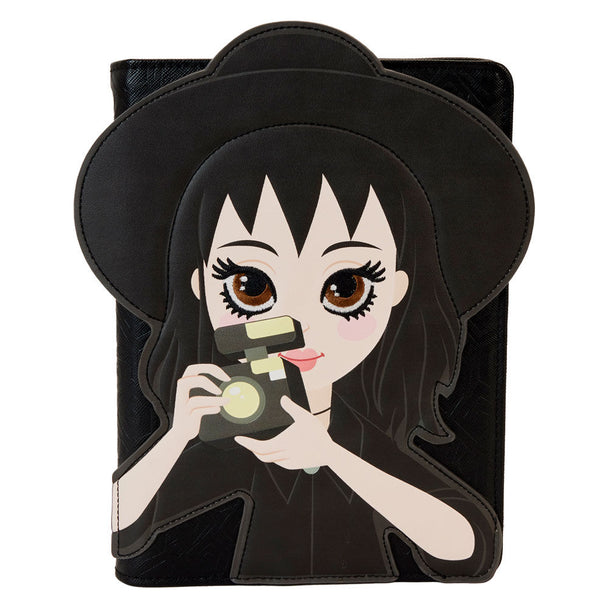 Carnet Loungelfy Beetlejuice Lydia Deetz fermé en cuir vegan avec illustration originale sur la couverture