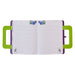 Vue rapprochée des détails imprimés et appliqués sur la couverture du carnet Beetlejuice Loungefly