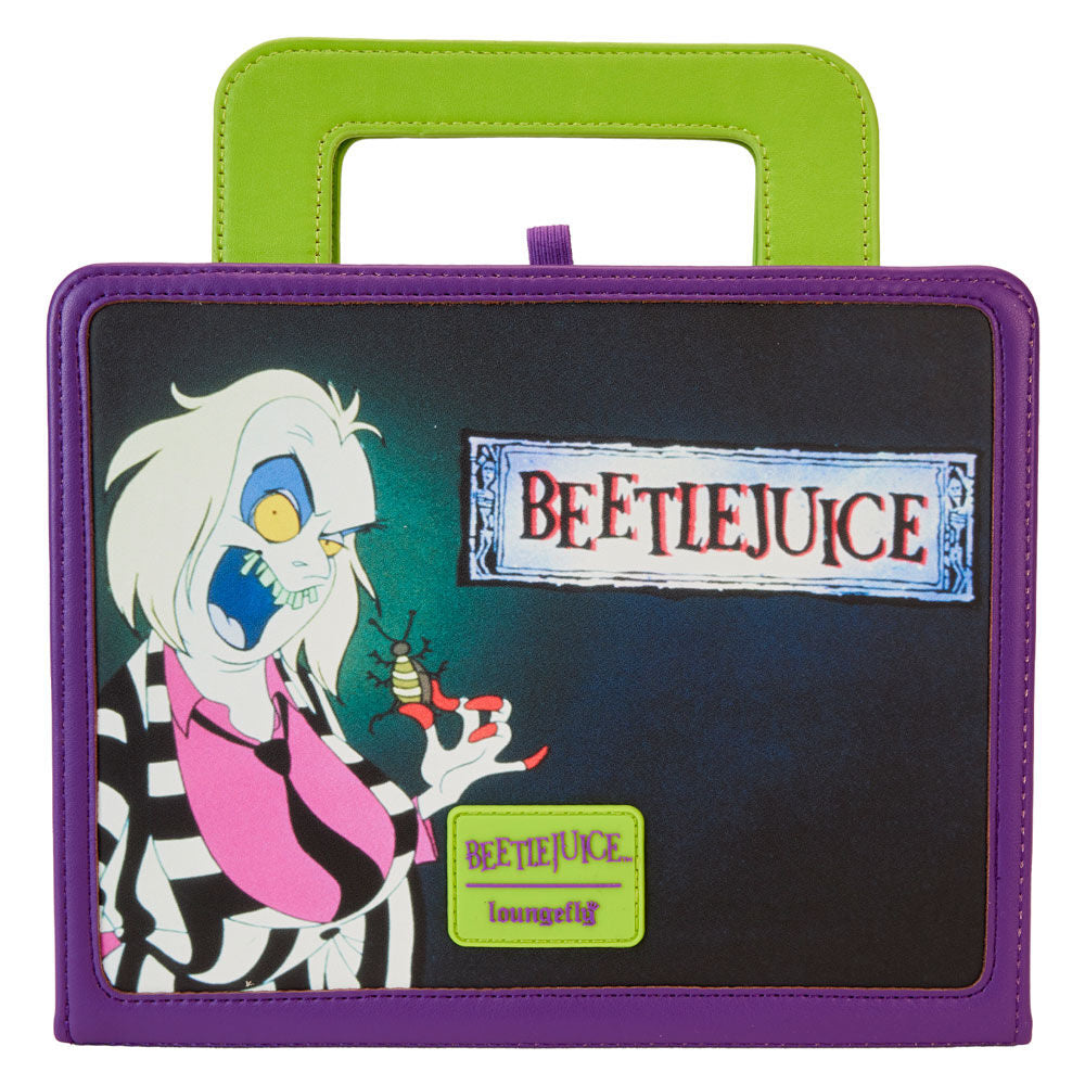 Carnet Beetlejuice Loungefly ouvert posé sur une surface, mettant en valeur son format compact et design unique