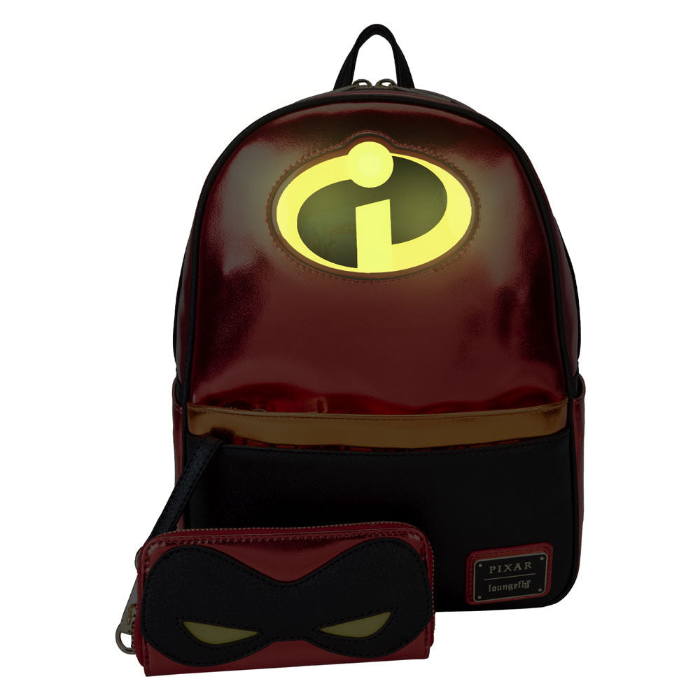 Sac à dos Loungefly Les Indestructibles édition 20e anniversaire en cuir vegan métallique vu de face avec détails dorés