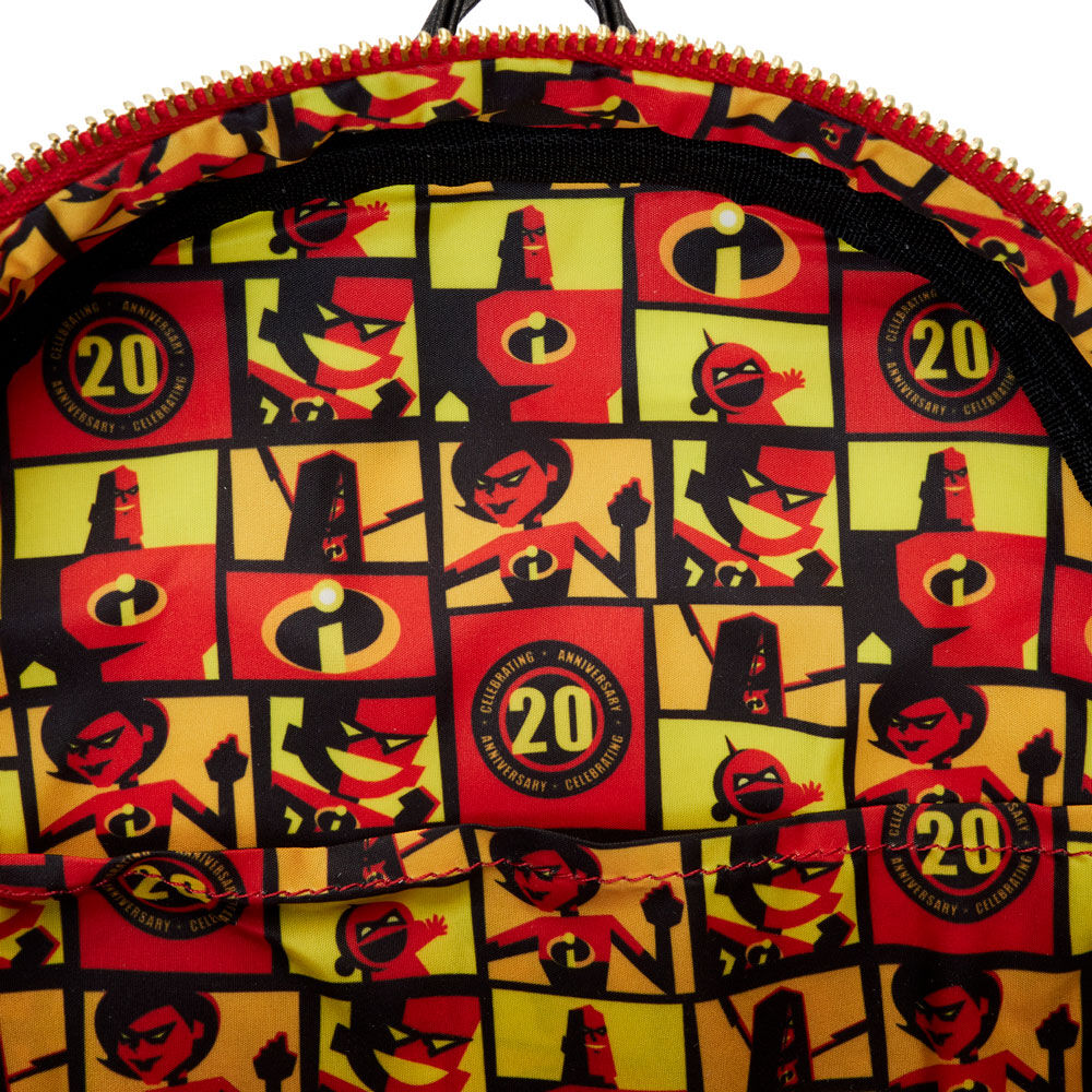 Détail des lumières LED intégrées illuminant le sac à dos Loungefly Les Indestructibles 20 ans
