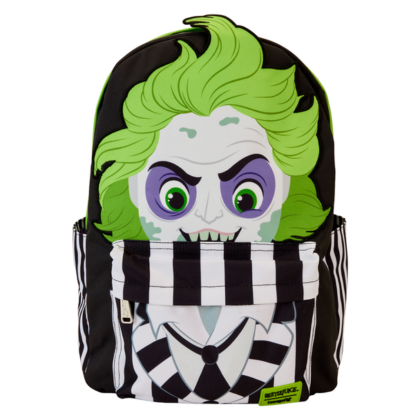 Vue avant du sac à dos Loungefly Beetlejuice en nylon noir et blanc avec appliqués et fermeture zippée