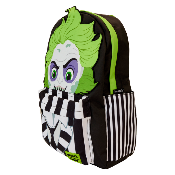 Détail des bretelles rembourrées rayées noires et blanches ajustables du sac à dos Loungefly Beetlejuice
