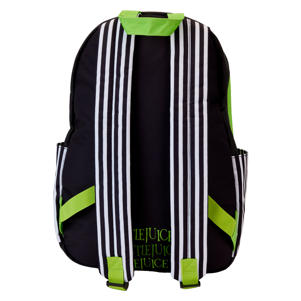 Poche frontale zippée et poches latérales pratiques du sac à dos Loungefly Beetlejuice en nylon