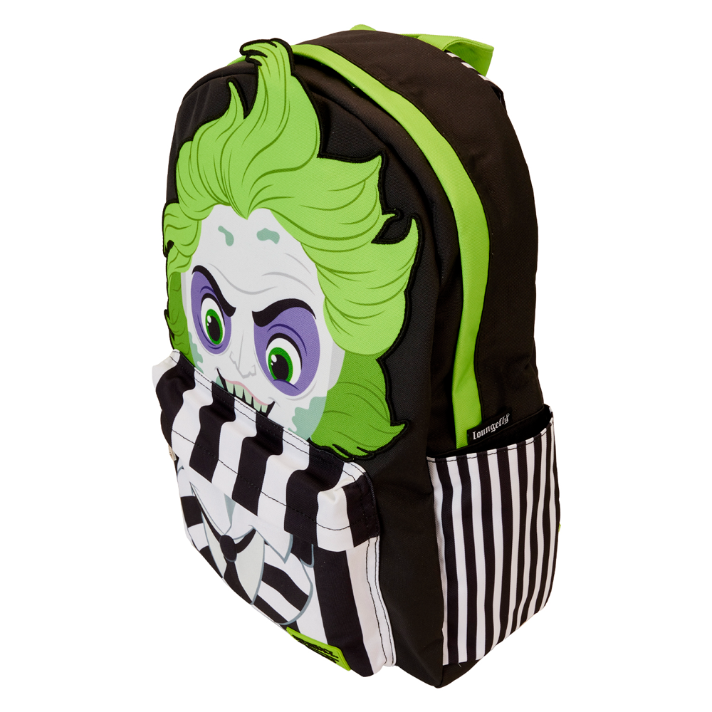 Intérieur du sac à dos Loungefly Beetlejuice avec doublure assortie et espace de rangement principal