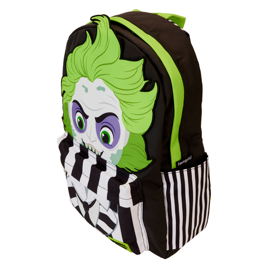 Intérieur du sac à dos Loungefly Beetlejuice avec doublure assortie et espace de rangement principal