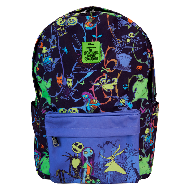 Gros plan sur la poche avant zippée du sac à dos Loungefly Disney Nightmare Before Christmas