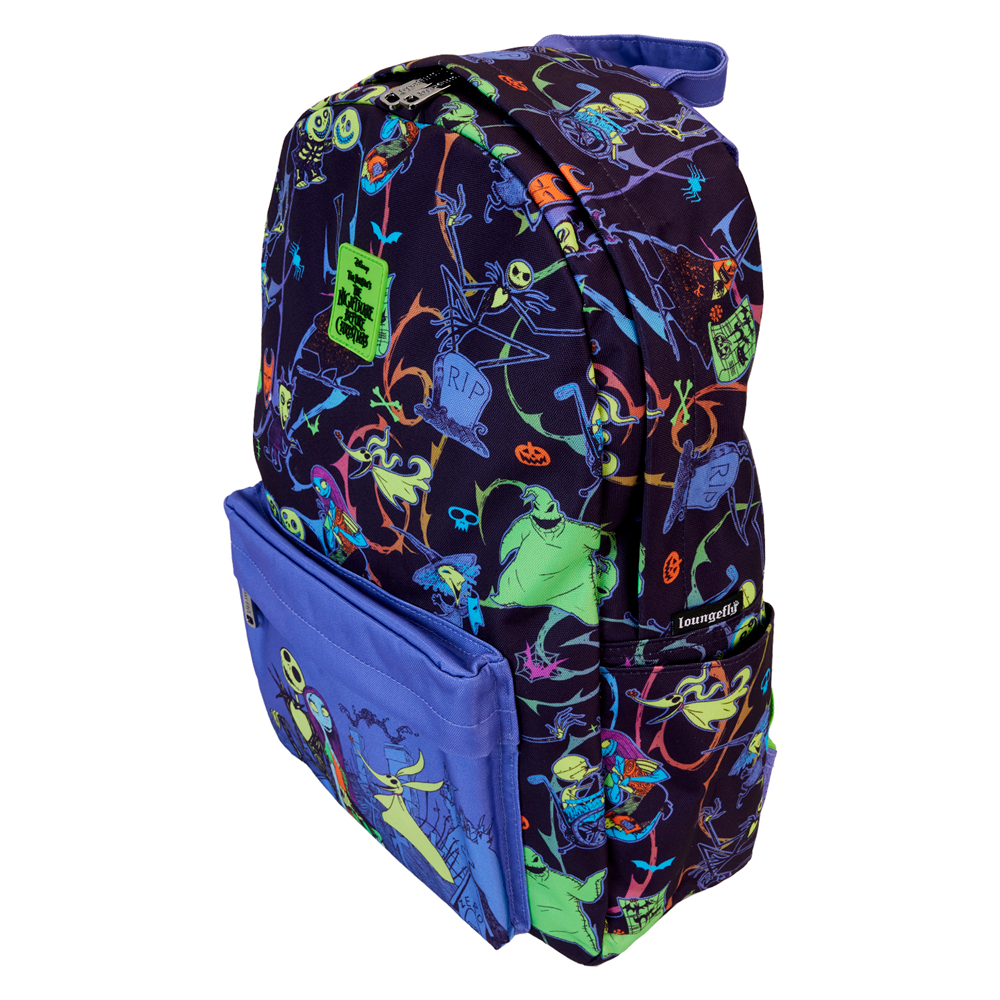 Vue latérale du sac à dos nylon Loungefly avec poches latérales et bandoulières réglables