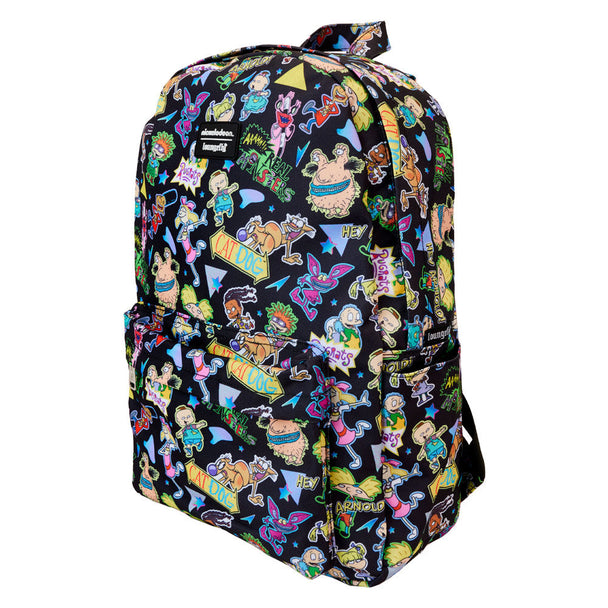 Vue de face du sac à dos Loungefly Nickelodeon en nylon avec poche avant zippée et détails imprimés colorés