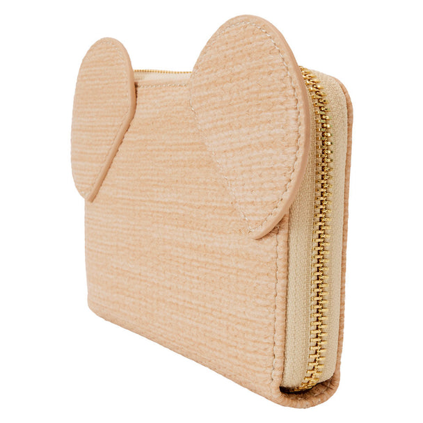 Vue de face du portefeuille Loungefly Disney Mickey en cuir vegan avec fermeture zippée dorée.