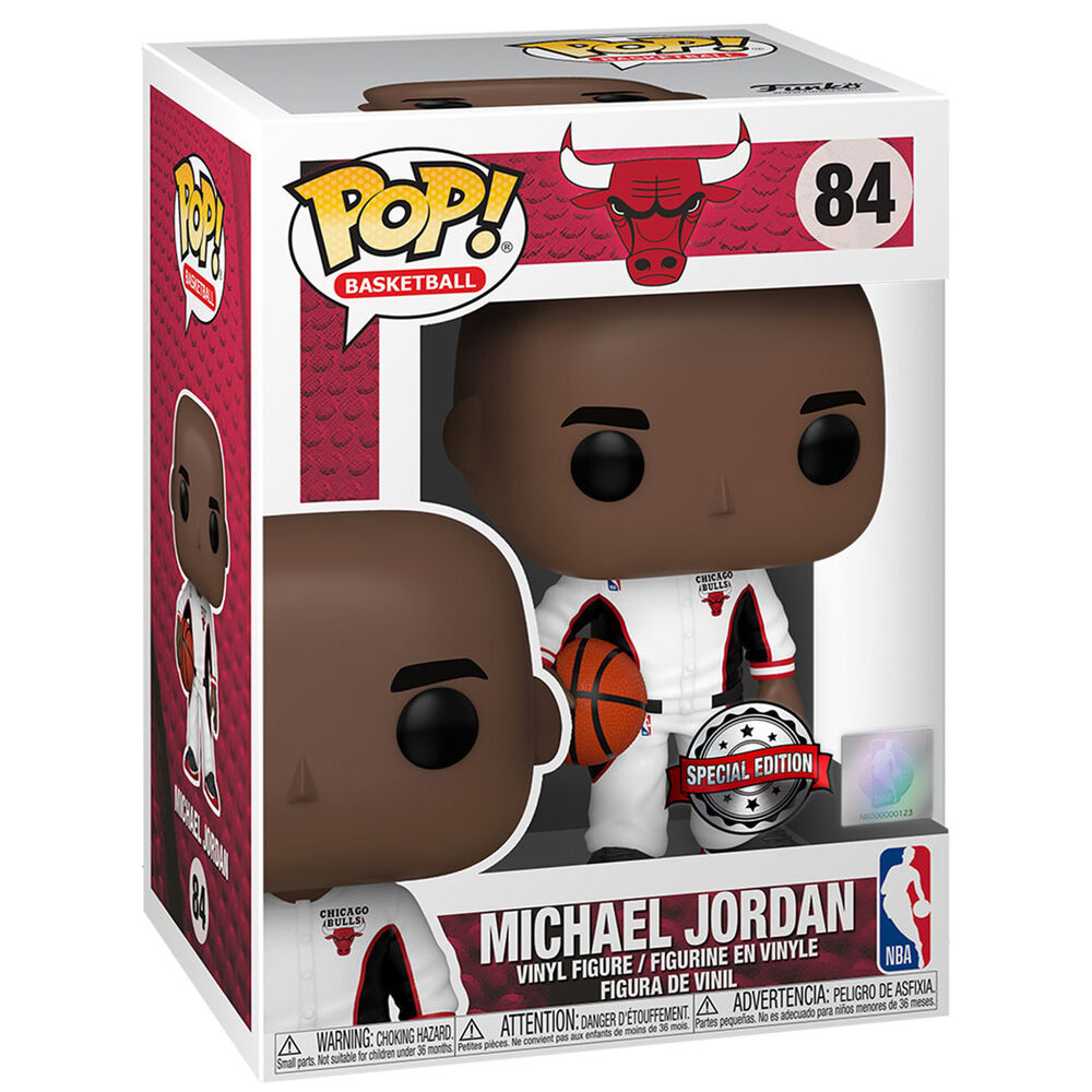 Vue rapprochée de la figurine Funko POP Michael Jordan NBA dans sa boîte collector avec fenêtre
