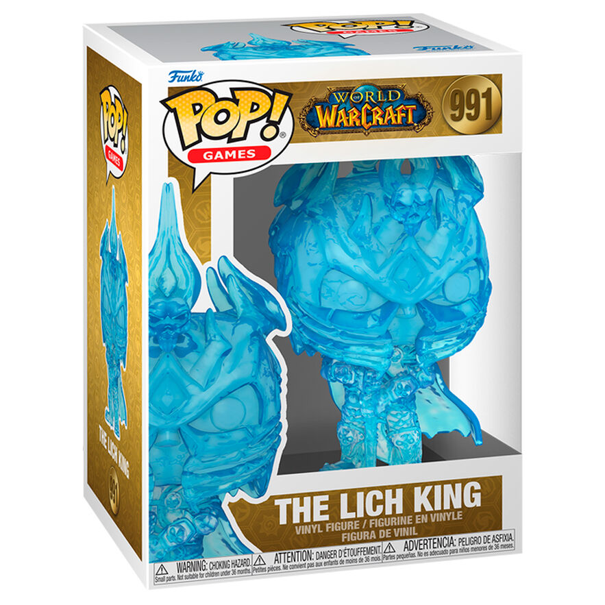 Vue détaillée de la figurine Funko POP The Lich King avec armure et casque emblématiques, présentée dans son emballage collector