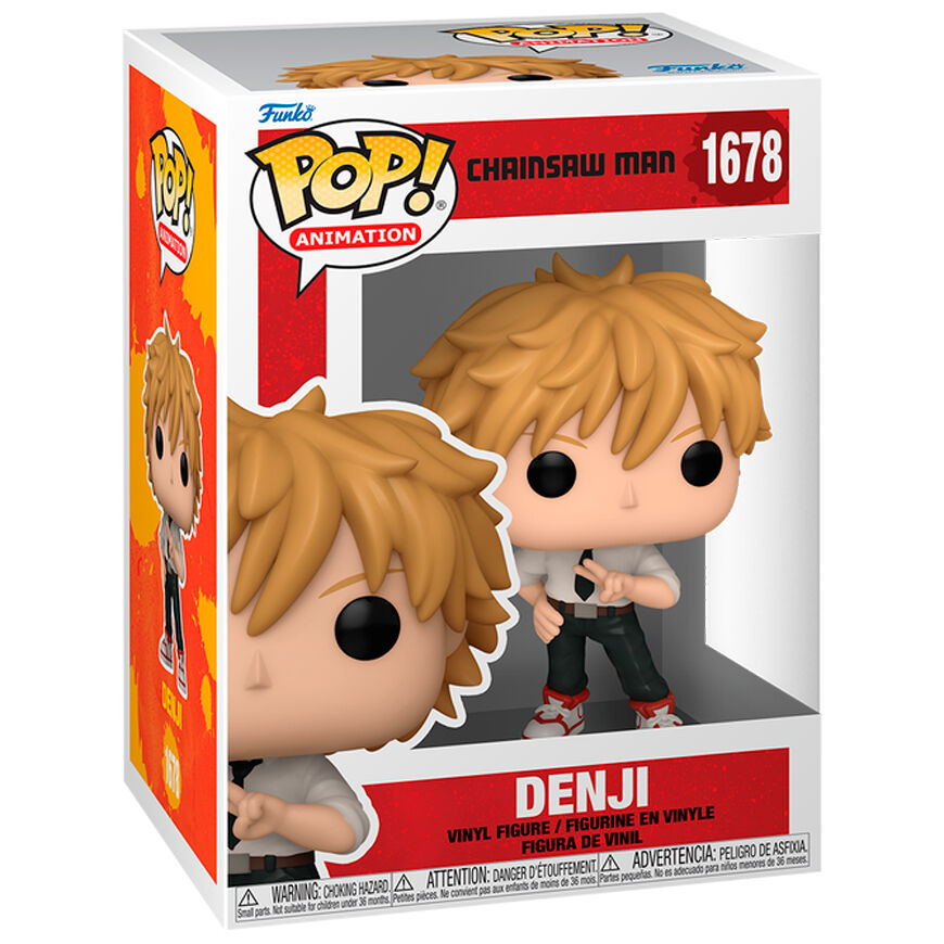 Vue rapprochée de la figurine Funko POP Denji Chainsaw Man montrant les détails colorés et le packaging collector.