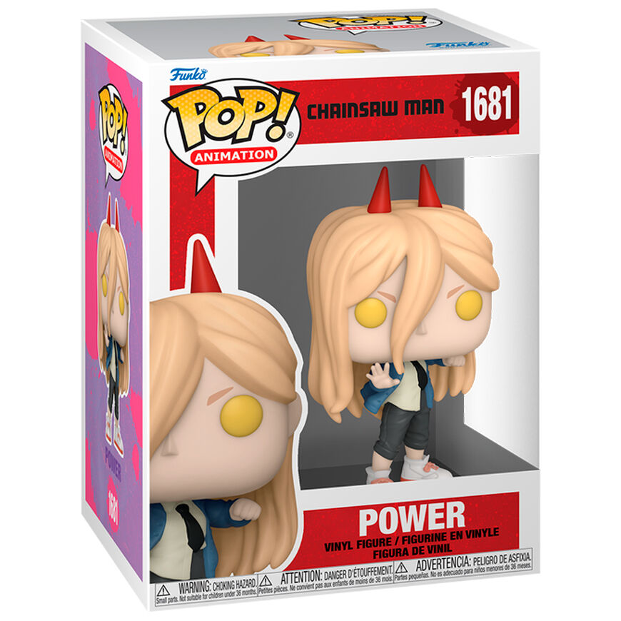Vue rapprochée de la figurine Funko POP Power de Chainsaw Man montrant les détails du visage et des couleurs vives