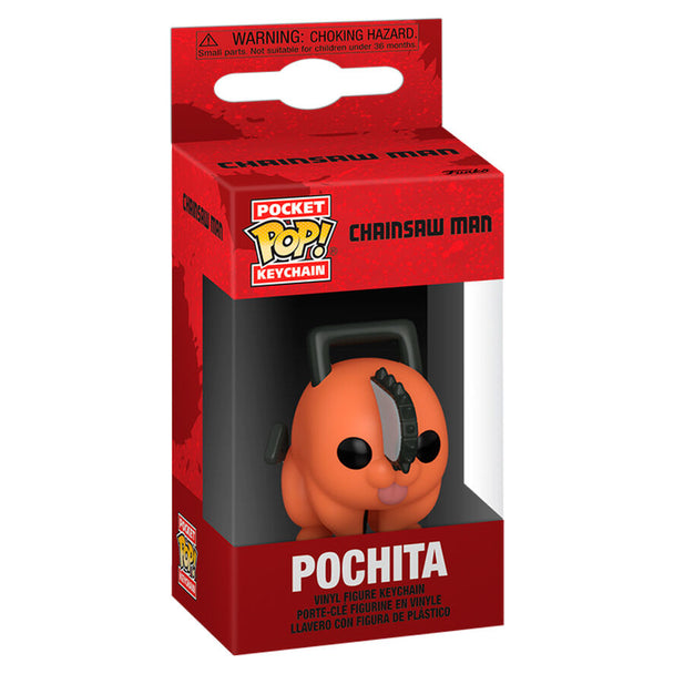 Porte-clés Pocket POP Chainsaw Man Pochita suspendu, montrant sa chaîne et son design compact