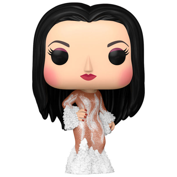 Figurine Funko POP de Cher en tenue iconique du Met Gala 1974, présentée dans sa boîte cadeau transparente.