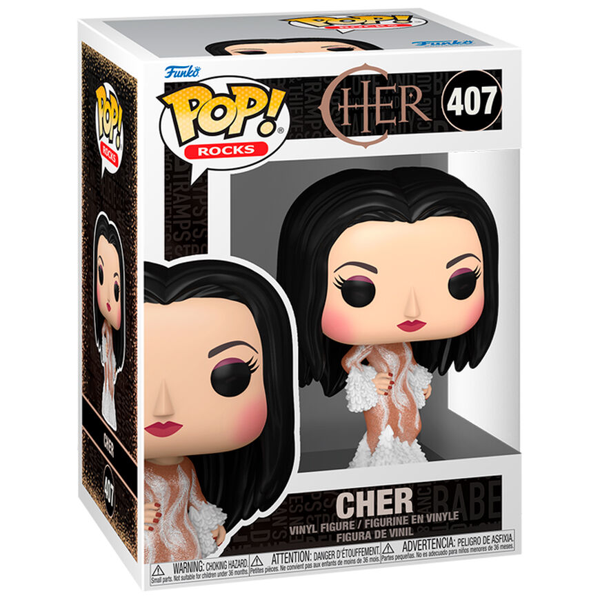 Vue rapprochée de la figurine Funko POP Cher 1974 Met Gala montrant les détails du visage et du costume.